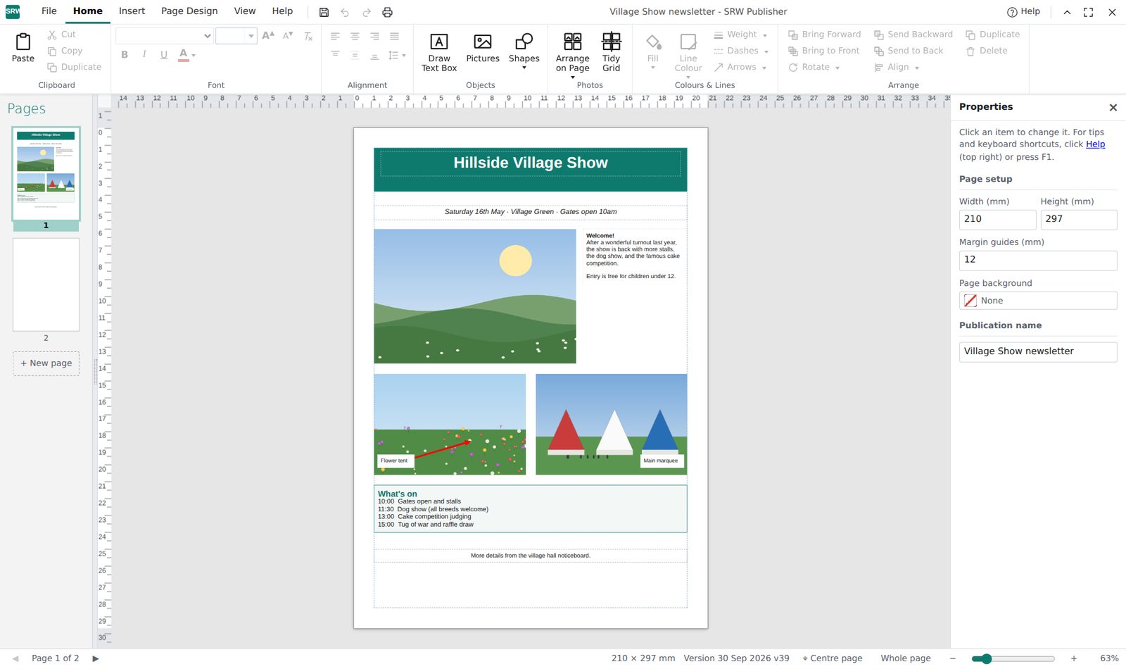 SRW Publisher showing a village show newsletter with photos, text boxes and an arrow on an A4 page, with a ribbon menu along the top