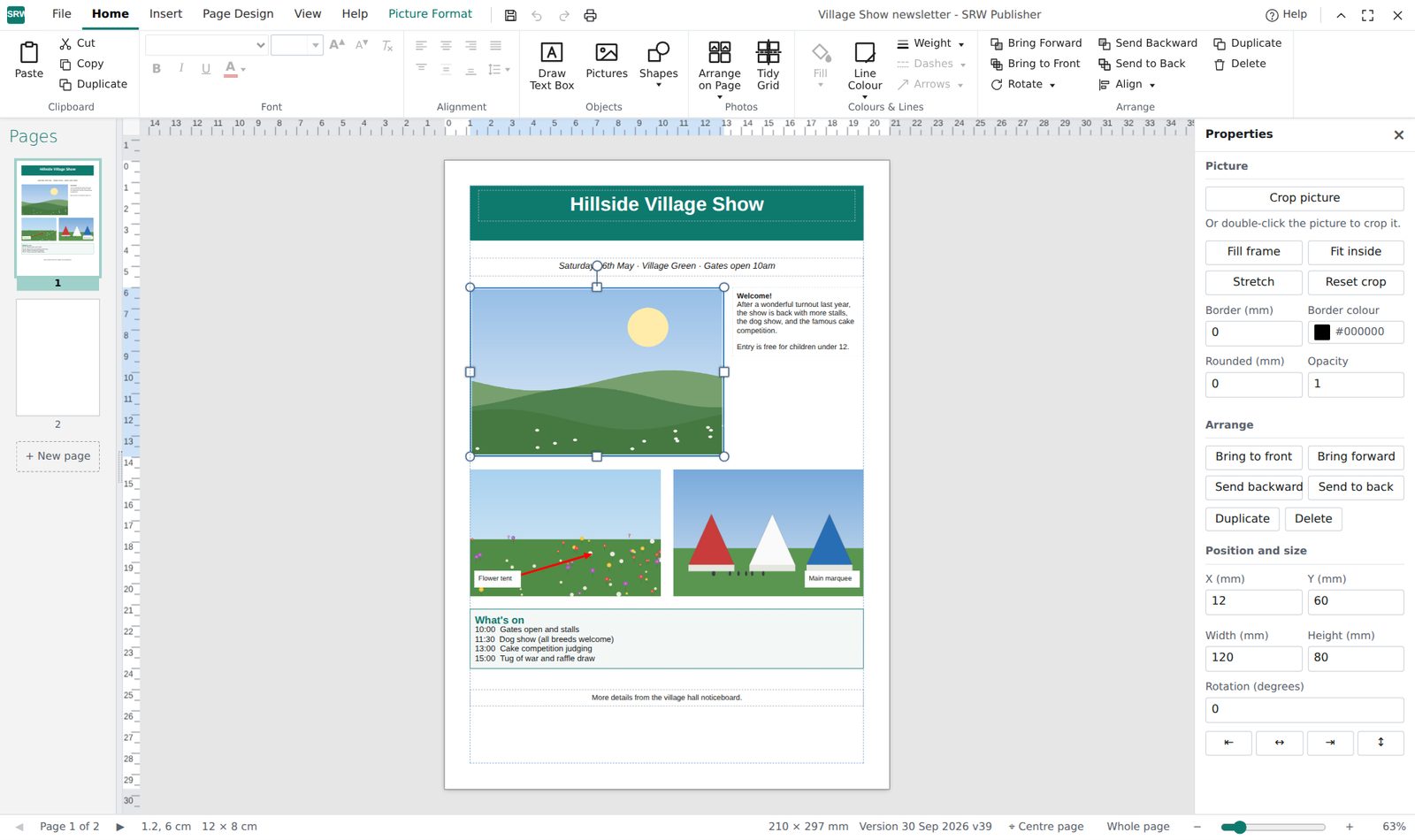 A photo selected in SRW Publisher with handles for resizing and picture options such as crop, border and rounded corners