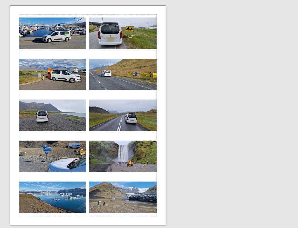 The same ten photos arranged on the A4 page in two neat columns with equal gaps