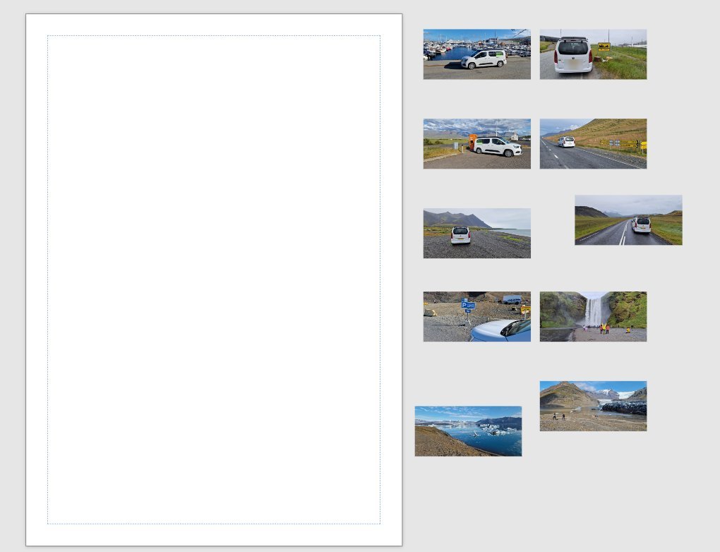 Ten holiday photos of a white van in Iceland, sitting untidily beside an empty A4 page in SRW Publisher